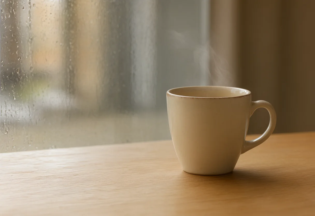 A cream coffee cup beside a rainy window, with a clear area on the left for a headline.