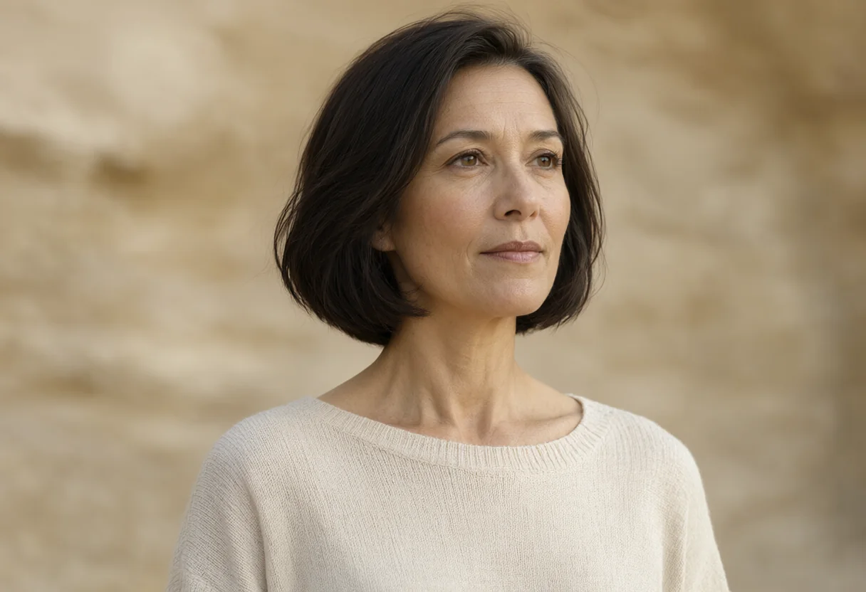 A fictional adult woman with a dark bob and cream sweater against a warm sandstone background.