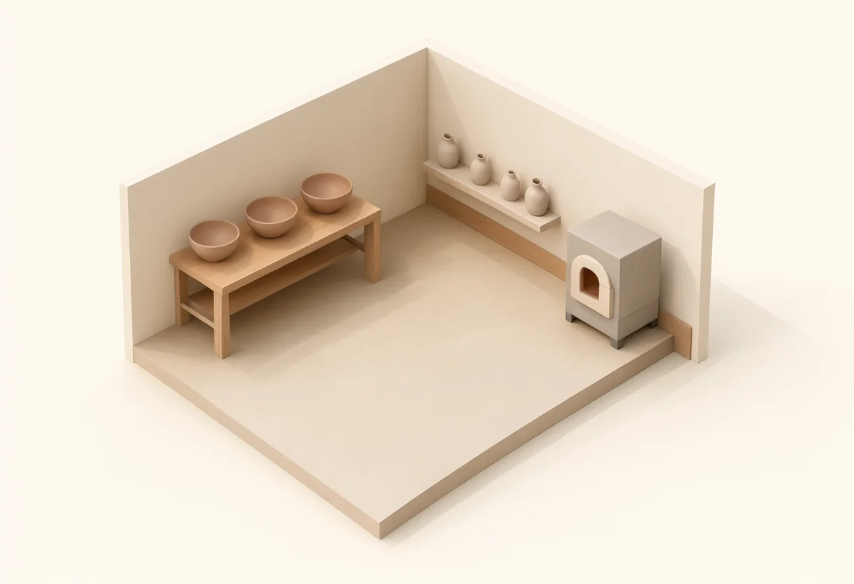 An isometric pottery studio with a workbench, ceramic bowls, a shelf and a small kiln.