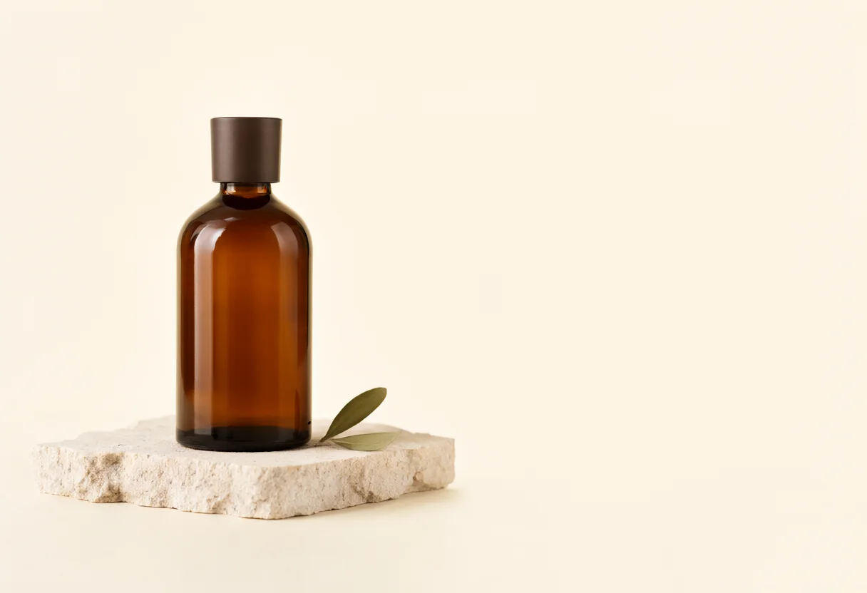 An unbranded amber bottle and olive leaves on a cream stone block in soft studio light.